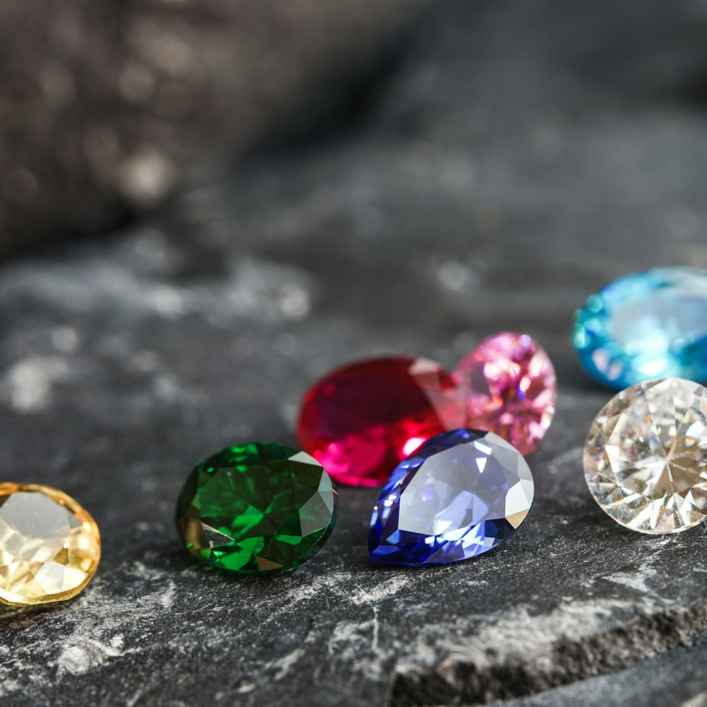 Glimmering natural colorful sapphire gemstones on a rugged rock surface